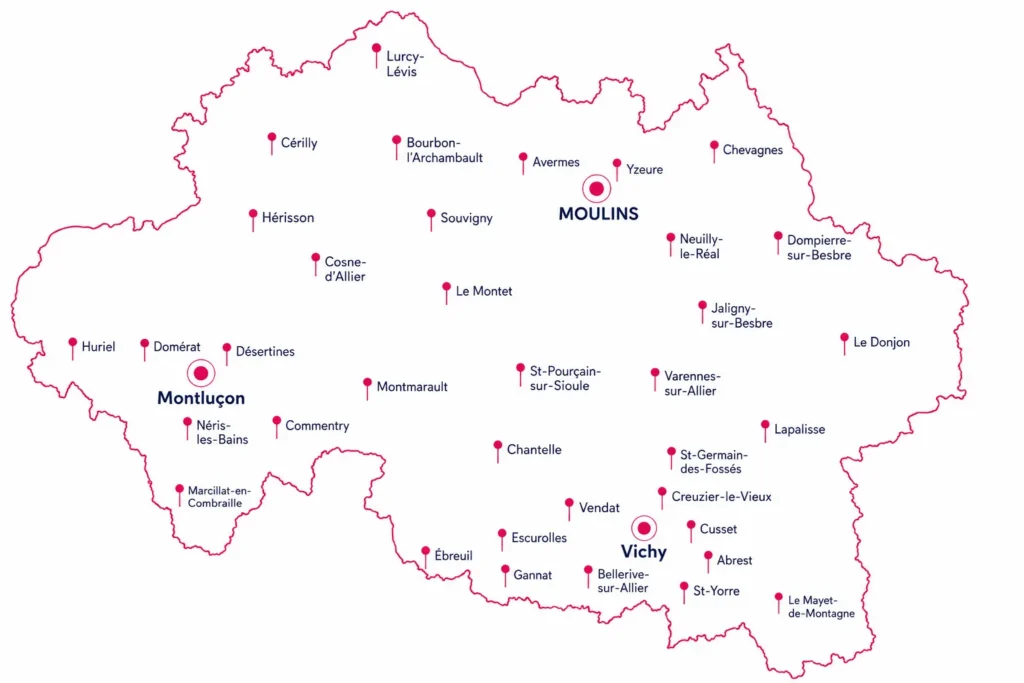 Carte des communes où intervient Devenir Visible dans l’Allier