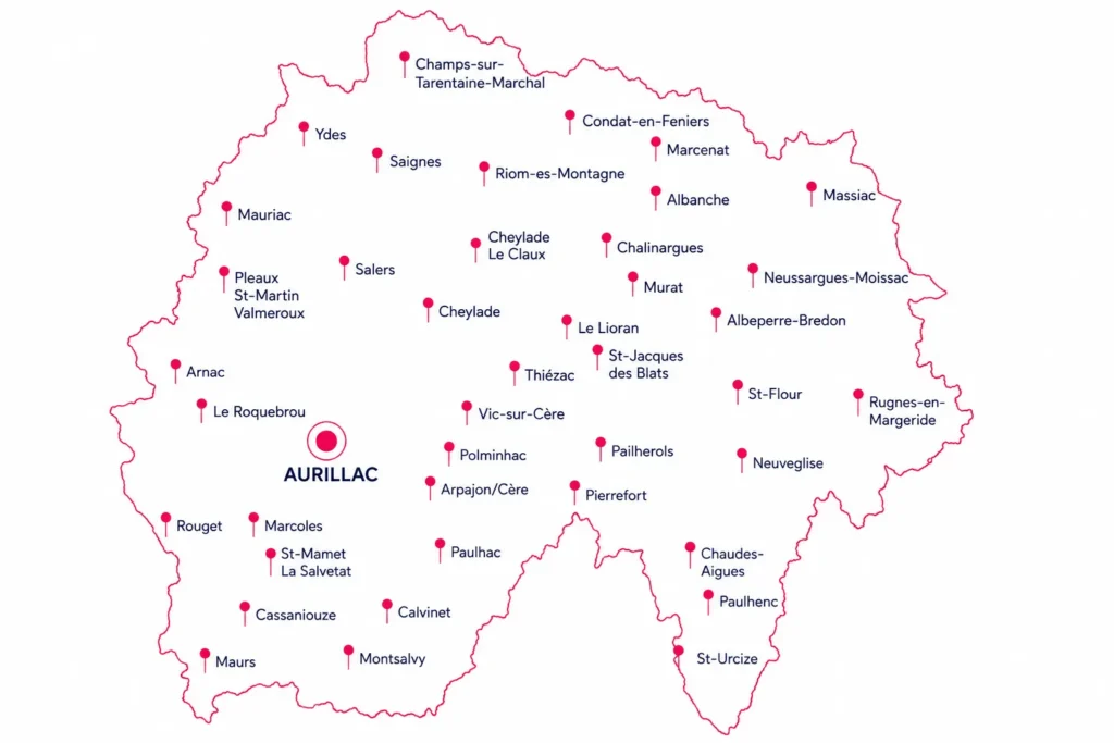 Carte des communes où intervient Devenir Visible dans le Cantal